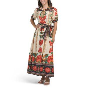 CELINA MOON CREAM/RED Short Sleeve Floral Maxi Dress With Belt